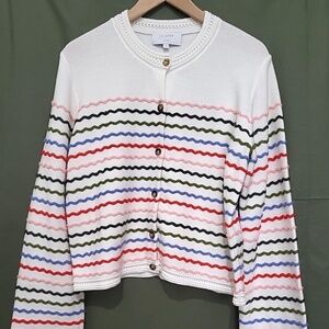 Unworn La Ligne Wool Striped Cotton Collarless Cardigan in White & Multi